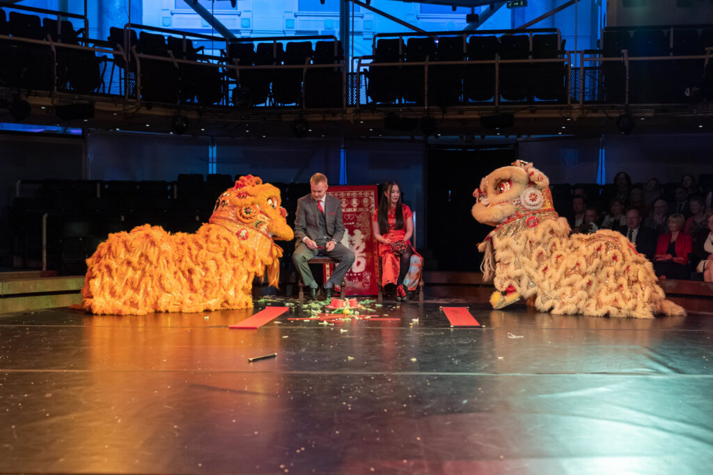 Chinese lion dance at the Royal Exchange Theatre.