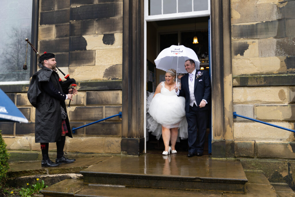Victoria and Richard leaving the church to the music of a piper. Testimonials