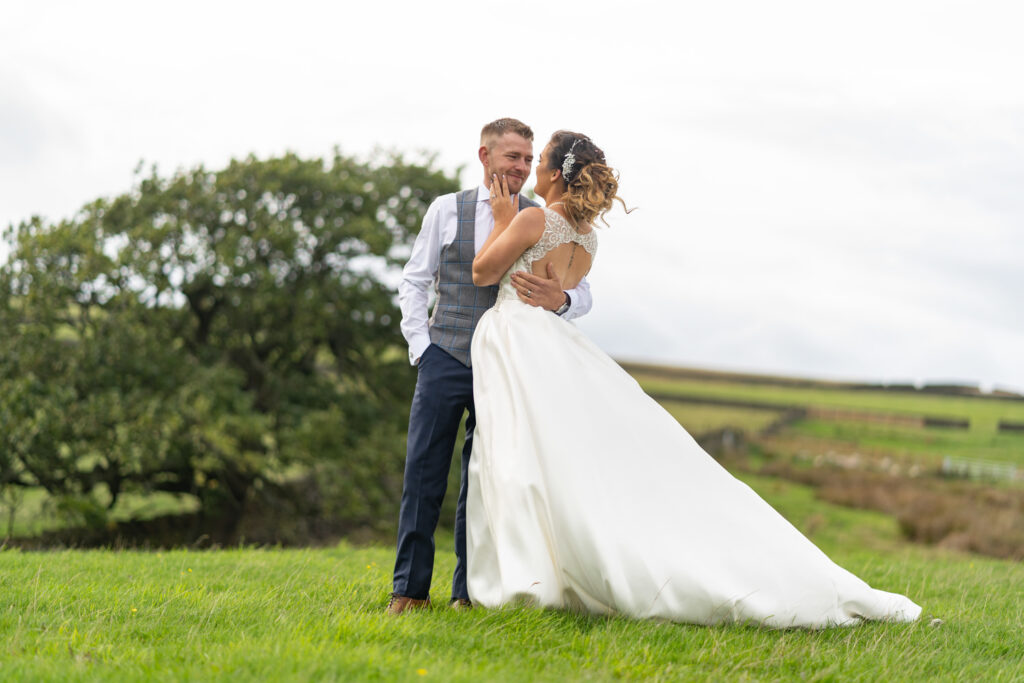 Bride and groom together at their outdoor wedding in Yorkshire