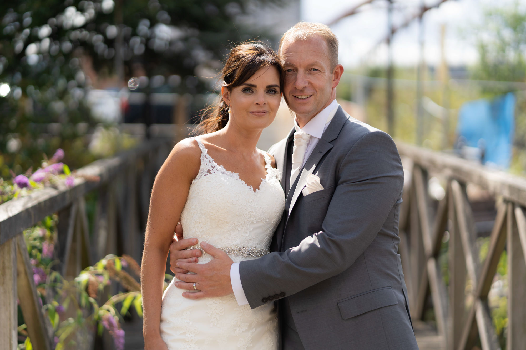 Bride and groom near the Manchester Marriott Hotel