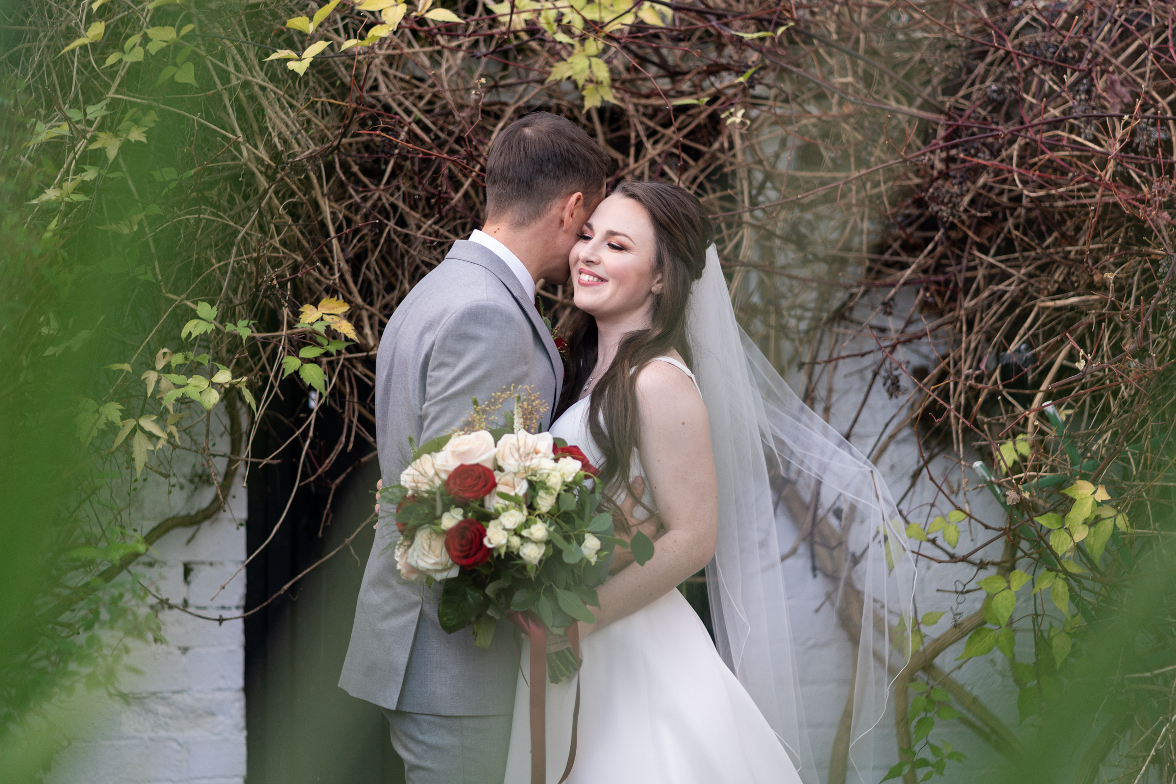 Bride and groom together outside Plas Hafod Hotel