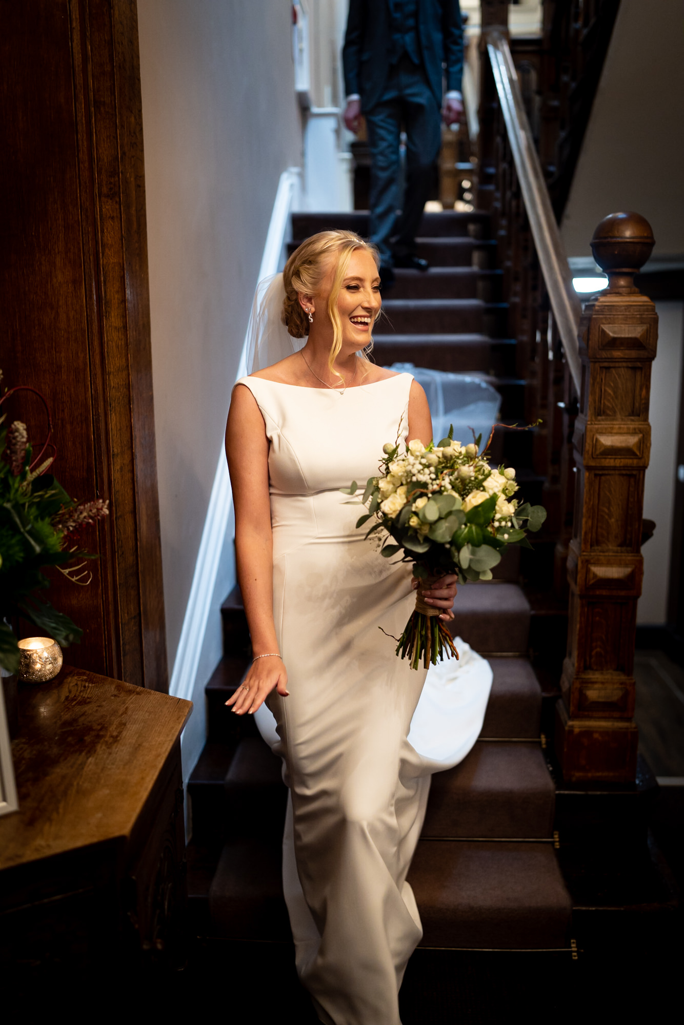 bride on the staircase of West Tower