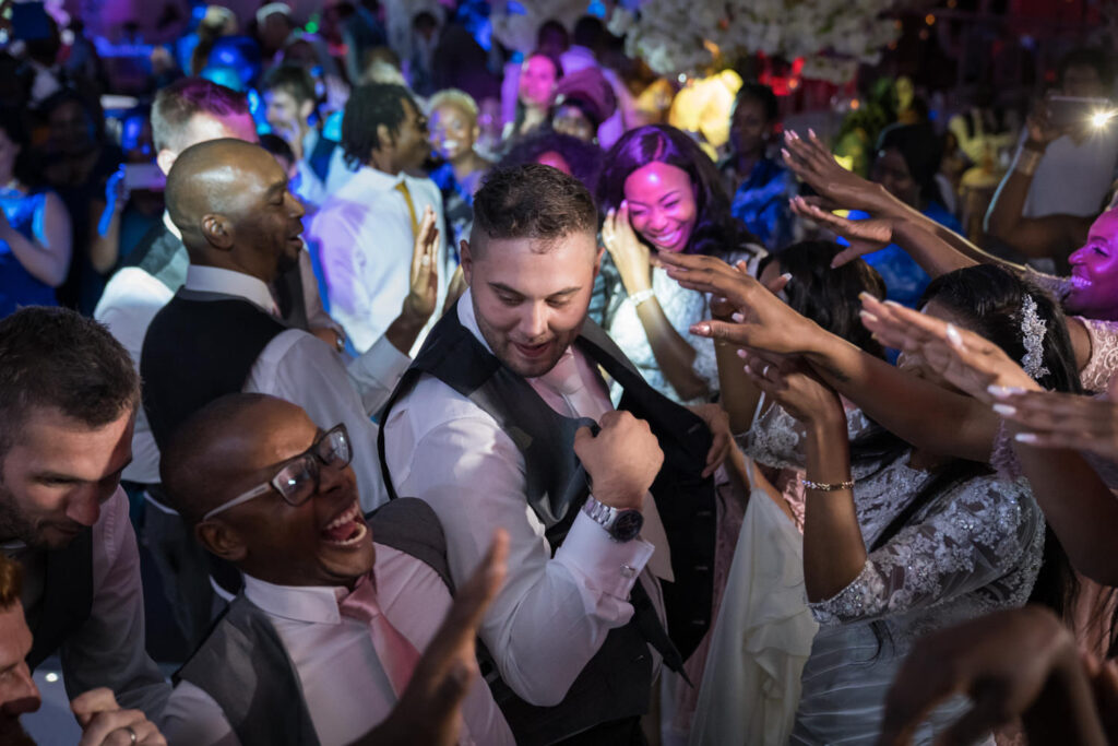 Groom dancing. West Yorkshire Wedding