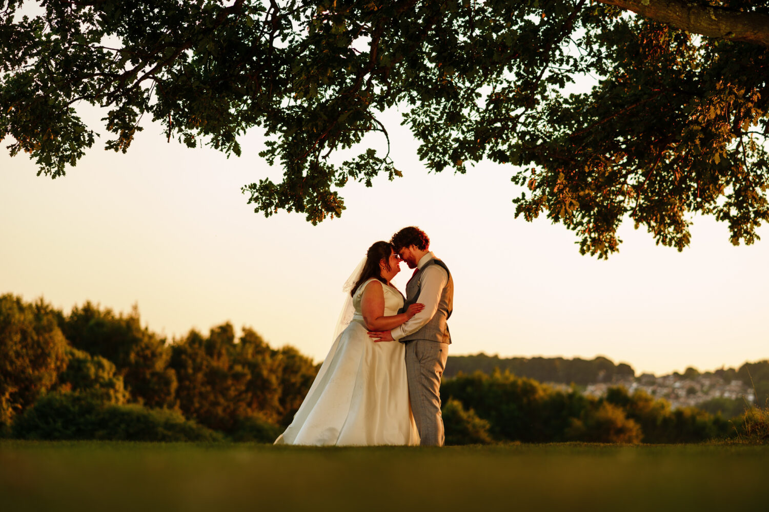 Bride and Groom outside under a tree at Hollins Hall