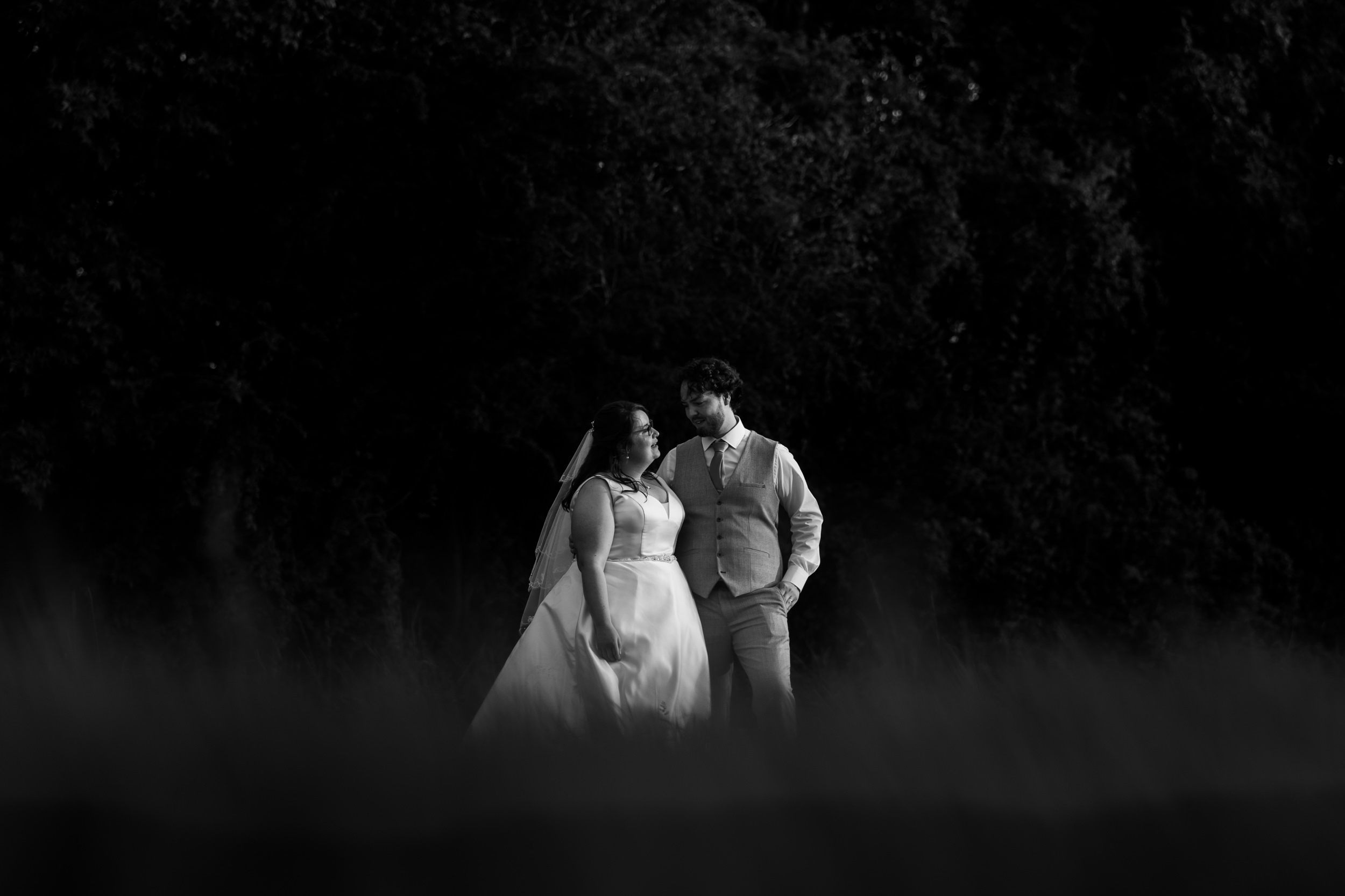 Evening portrait of the bride and groom at Hollins Hall Hotel