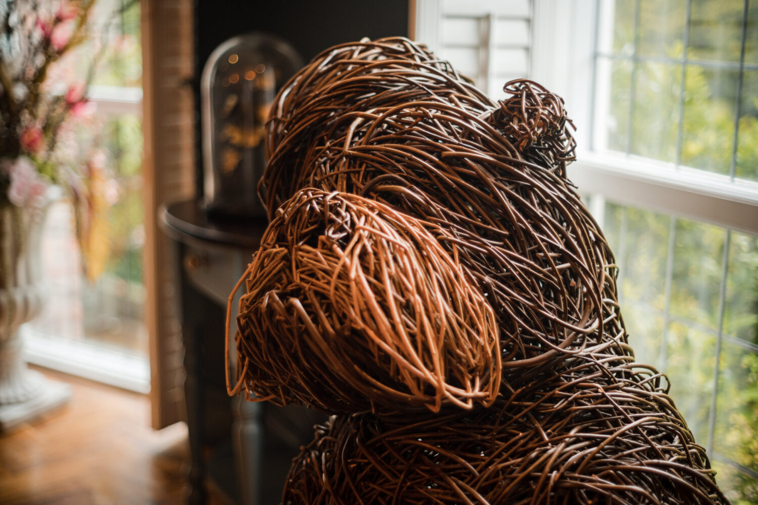 Closeup of the wicker bulldog at the Stanneylands