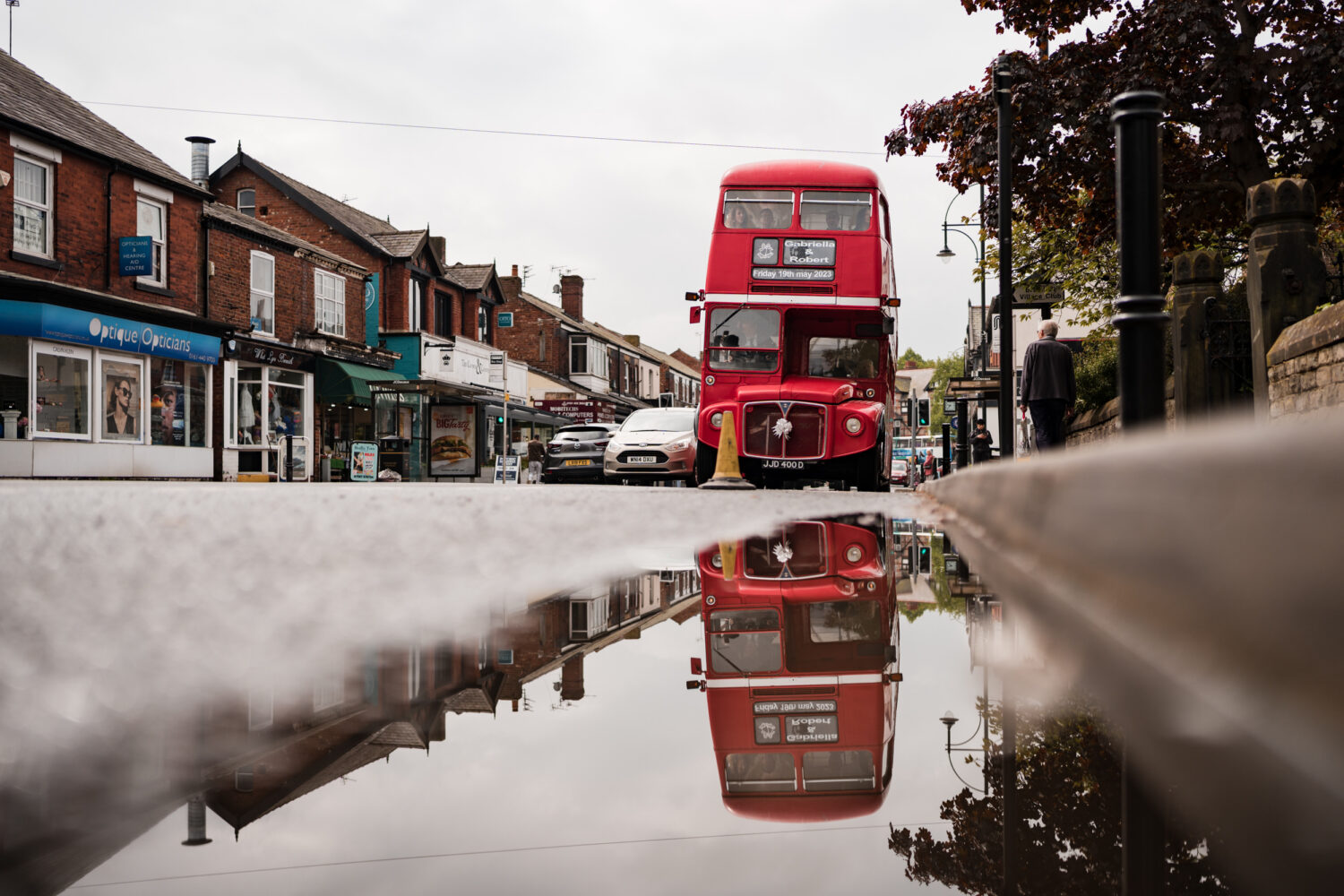 Routemaster pulling up at the church.