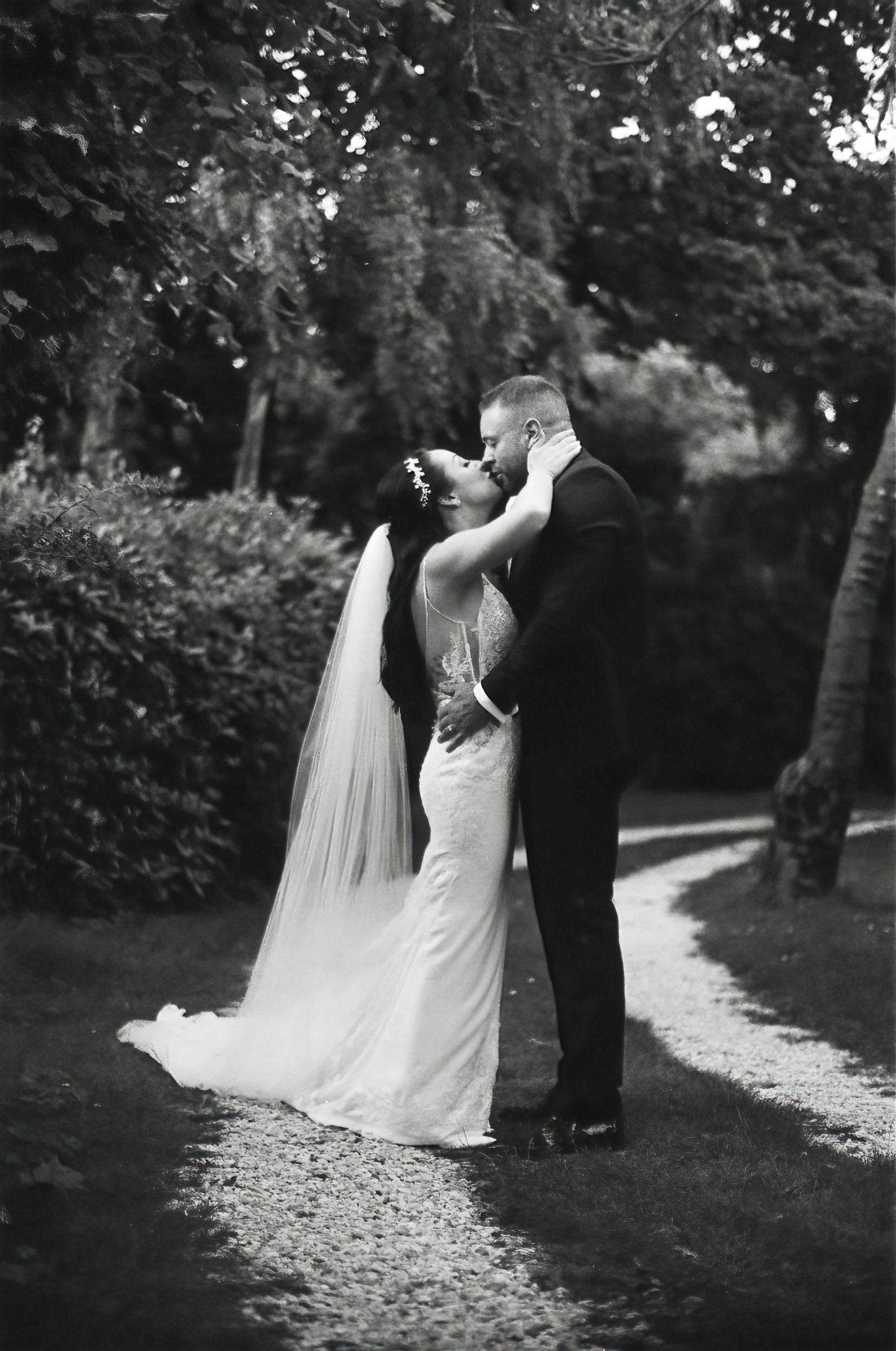 Film photograph of the bride and groom at Thicket Priory