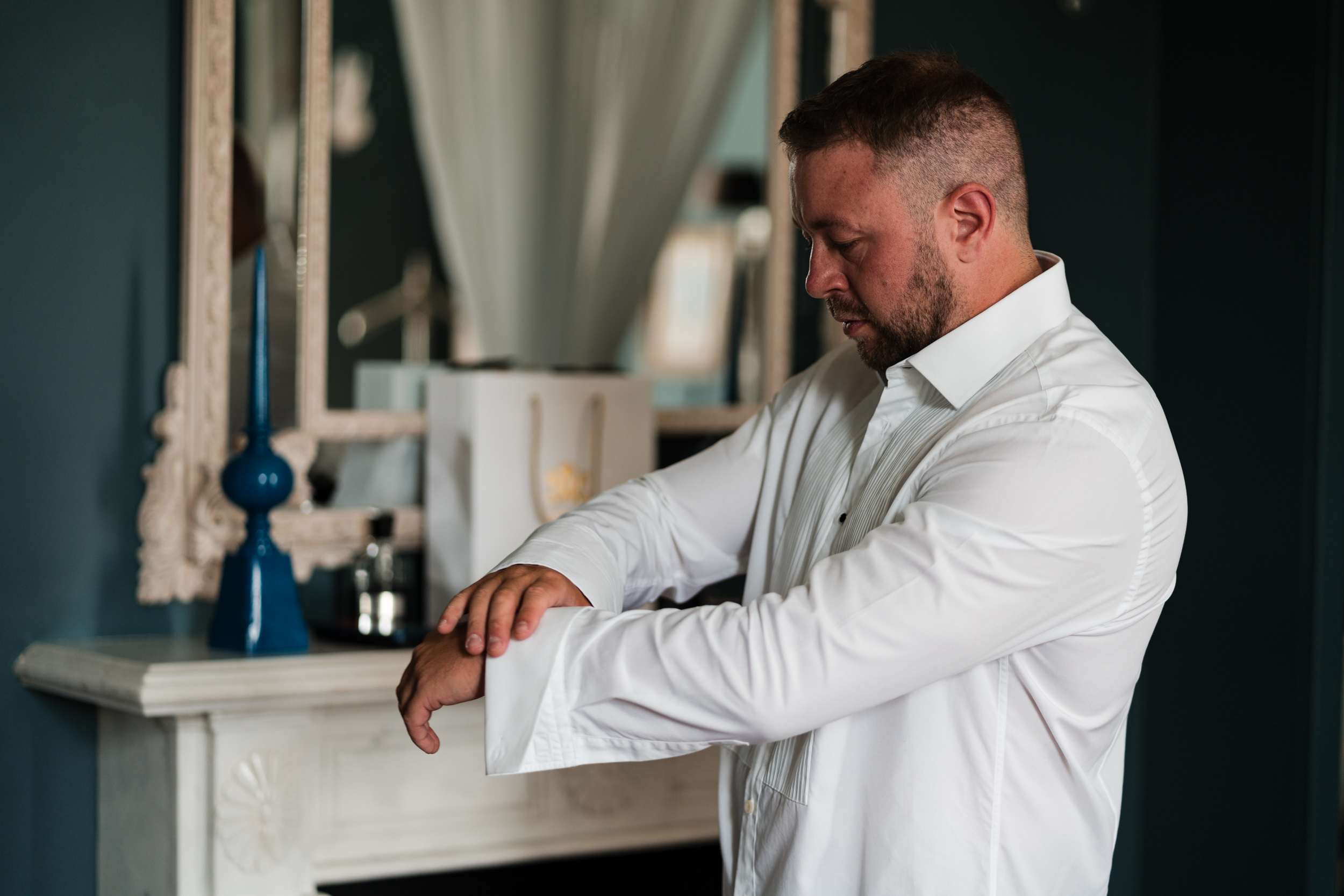 Groom prep. Thicket Priory Wedding Photographer.
